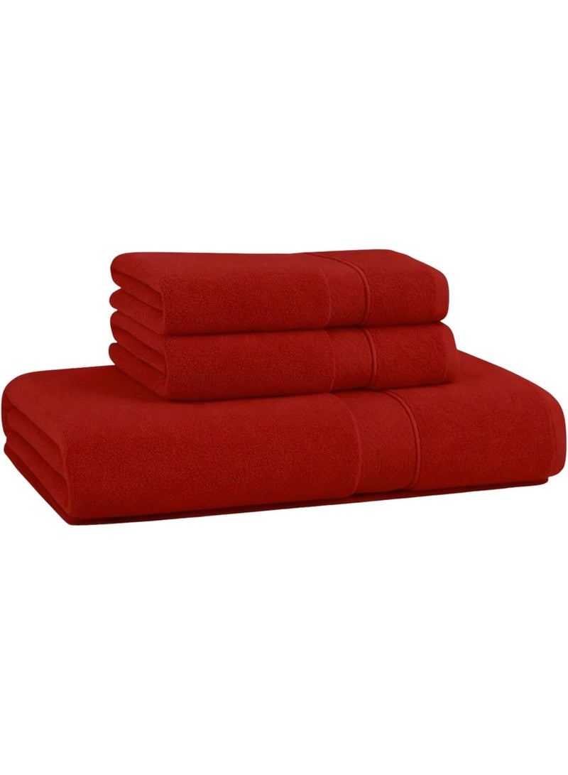 طقم مناشف حمام من القطن المصري مكون من 3 قطع بحافة من الجاكار بنقشة أوراق الشجر - منشفة يد كبيرة 100 × 50 سم ومنشفتان للوجه 30 × 30 سم - امتصاص عالي (أحمر، منشفة يد واحدة + منشفتان للوجه) - Image 1